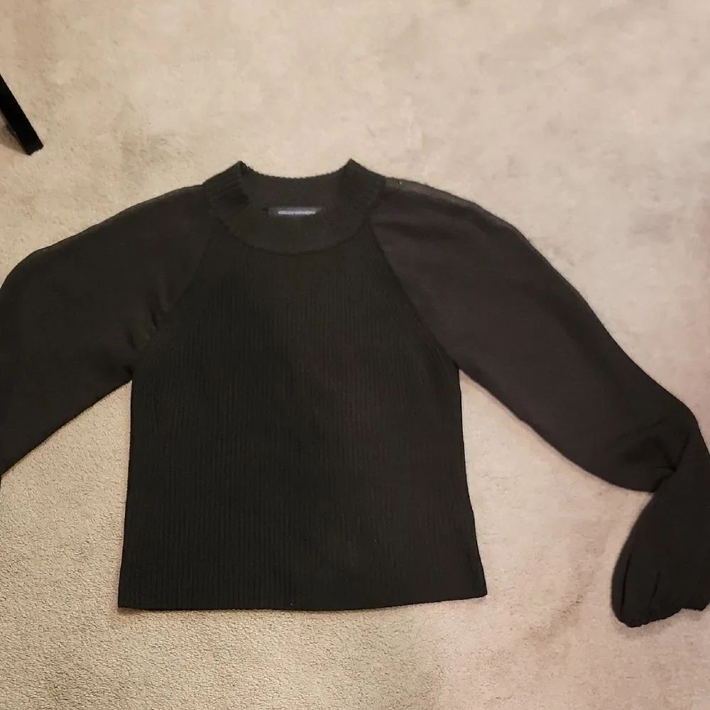 French Connection Sheer Sleeve Ribbed Crew Neck Sweater Sz L